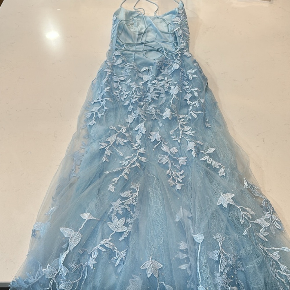 Trumpet/Mermaid Scoop Neck Lace Tulle Sweep Train Appliques Prom Dress Size 0 - Picture 13 of 14